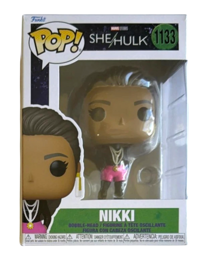 More Than Diecast Funko Pop Nikki #1133 She Hulk Marvel 2022 bobble-head figure with pink shorts and gold necklace.