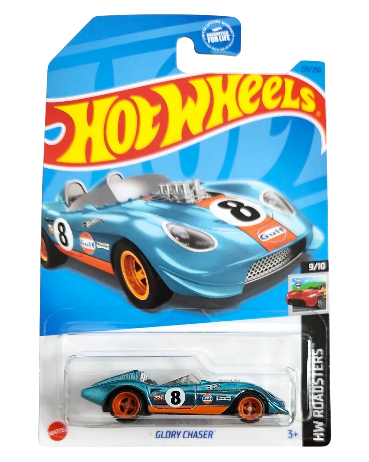 More Than Diecast 2023 Hot Wheels Super Treasure Hunt Glory Chaser in iconic Gulf blue and orange livery on card.
