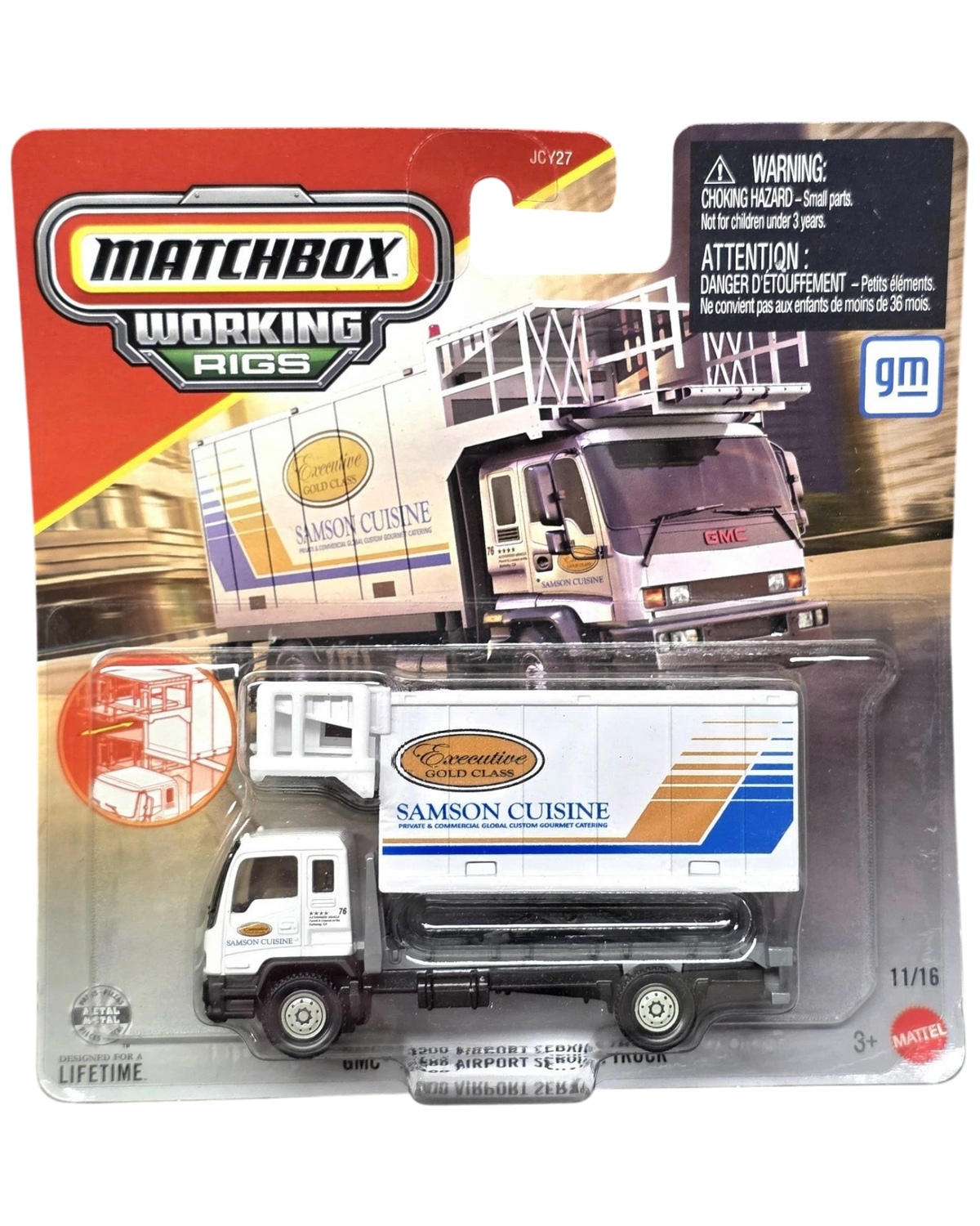 More Than Diecast Matchbox Working Rigs GMC T8500 Airport Food Service Truck in white with Samson Cuisine branding.