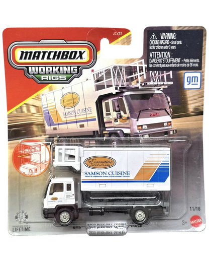 More Than Diecast Matchbox Working Rigs GMC T8500 Airport Food Service Truck in white with Samson Cuisine branding.