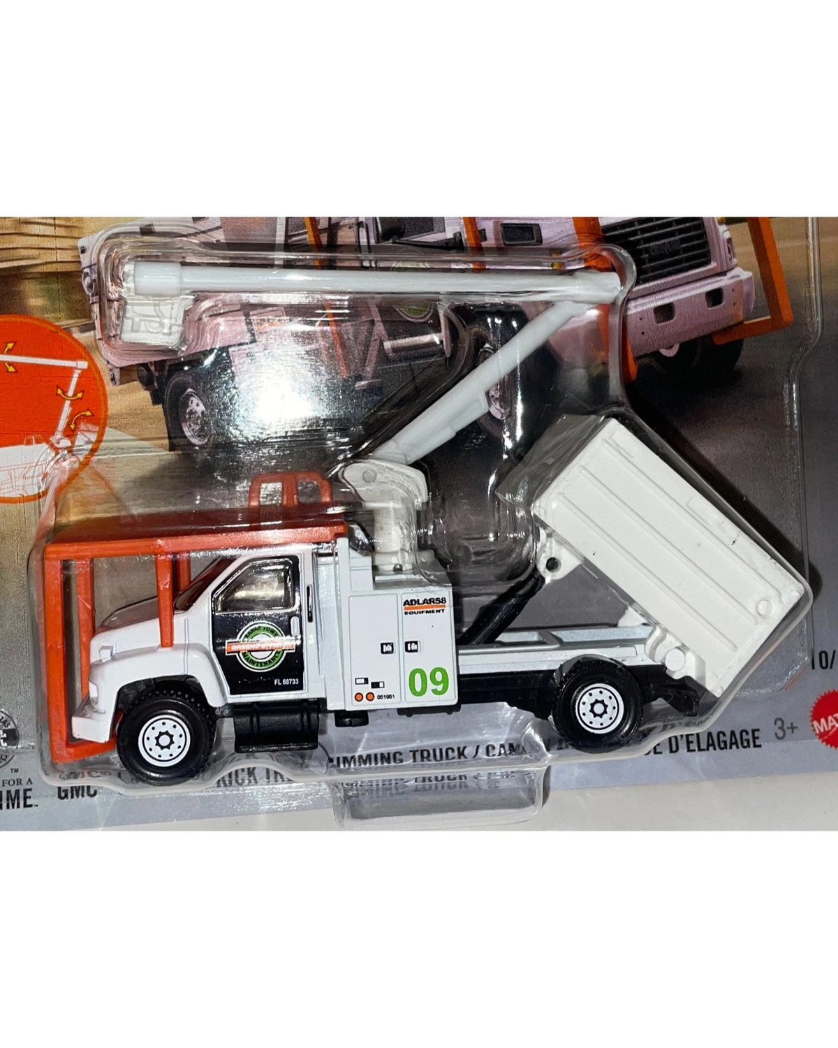 More Than Diecast Matchbox GMC C8500 Topkick tree trimming truck in 1:64 scale with white dump bed and crane arm