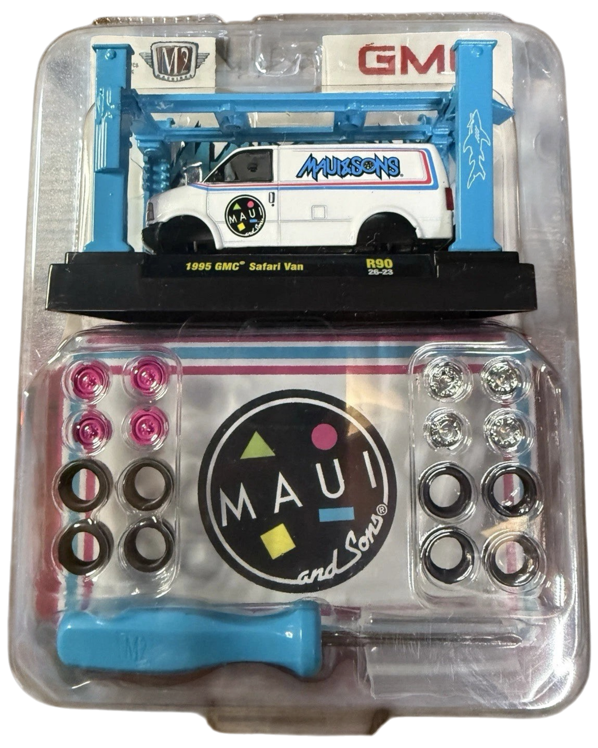 More Than Diecast M2 Machines 1:64 1995 GMC Safari Van model kit in white with Maui and Sons surf graphics and parts