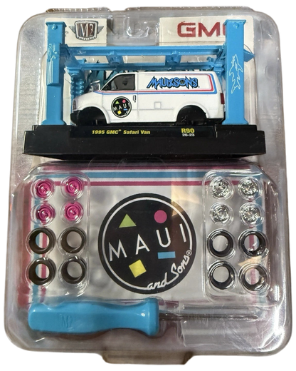 More Than Diecast M2 Machines 1:64 1995 GMC Safari Van model kit in white with Maui and Sons surf graphics and parts