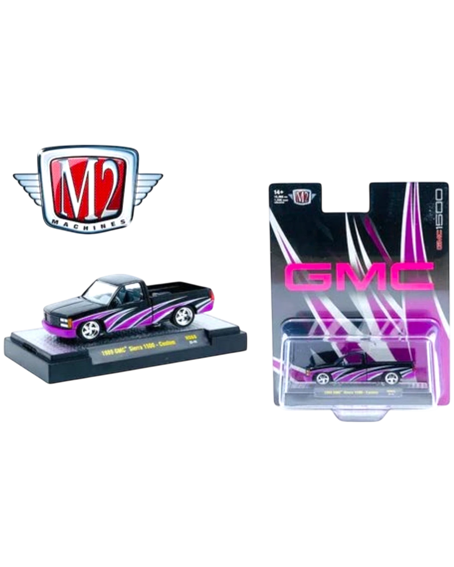 More Than Diecast M2 Machines 1:64 1989 GMC Sierra 1500 custom pink and black die-cast truck with display packaging
