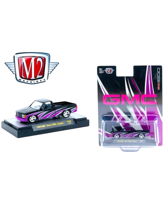 More Than Diecast M2 Machines 1:64 1989 GMC Sierra 1500 custom pink and black die-cast truck with display packaging