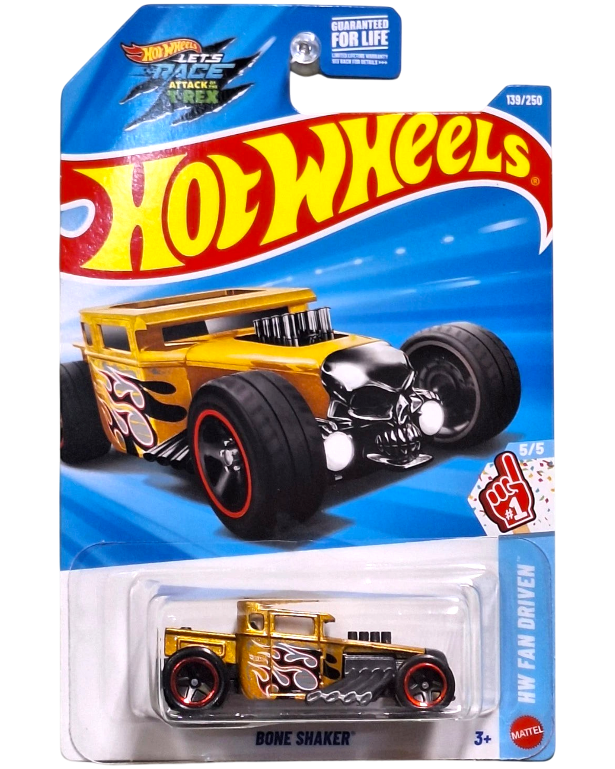 More Than Diecast 2026 Hot Wheels Bone Shaker gold die-cast car with skull grille and flame graphics in blister pack