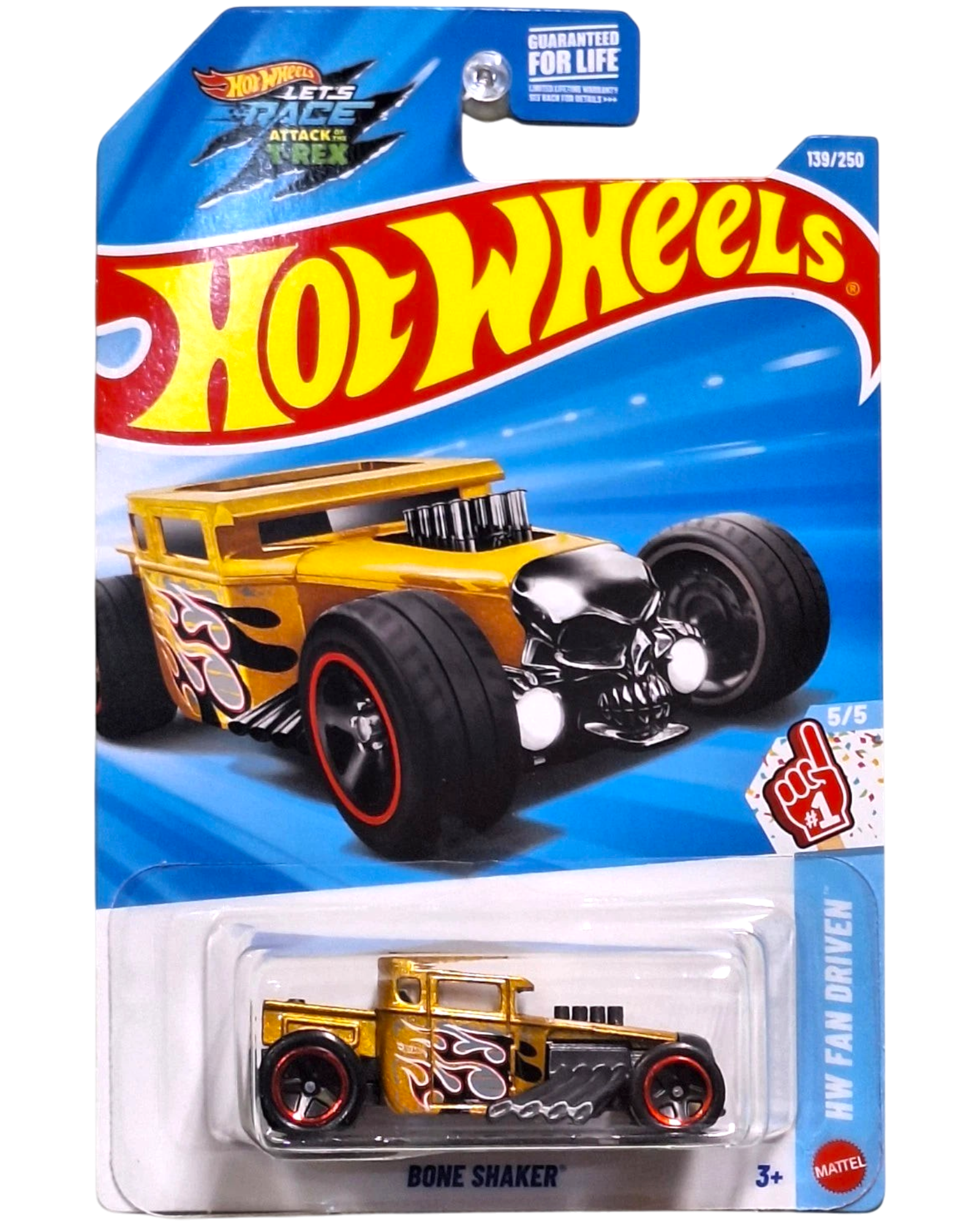 More Than Diecast 2026 Hot Wheels Bone Shaker gold die-cast car with skull grille and flame graphics in blister pack