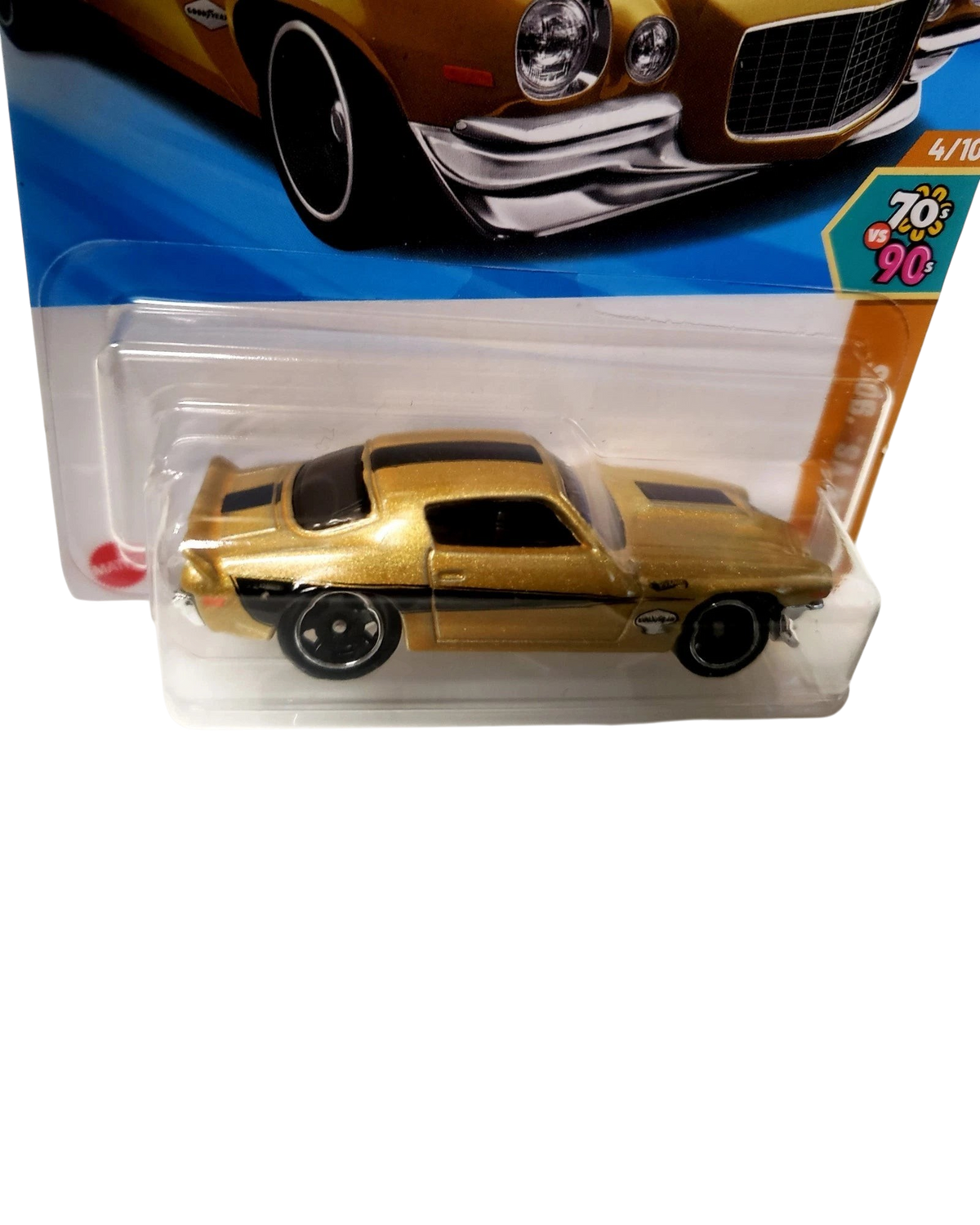 More Than Diecast 2025 Hot Wheels 1970 Chevy Camaro RS in gold with black racing stripes in original blister pack