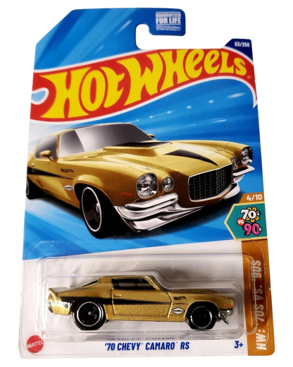 More Than Diecast 2025 Hot Wheels gold 1970 Chevy Camaro RS die-cast car in original HW: 70s vs. 90s packaging