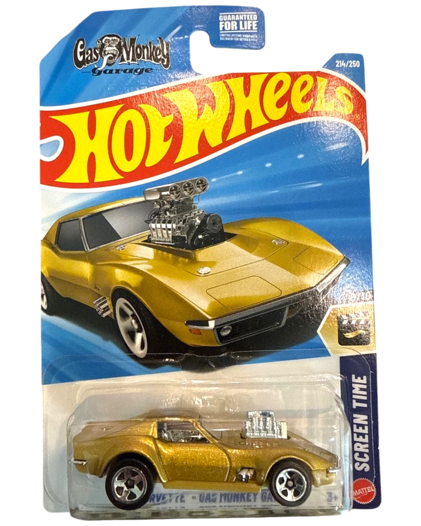 More Than Diecast Hot Wheels Gas Monkey Garage 1968 Corvette in gold, 1:64 scale die-cast car in original packaging.