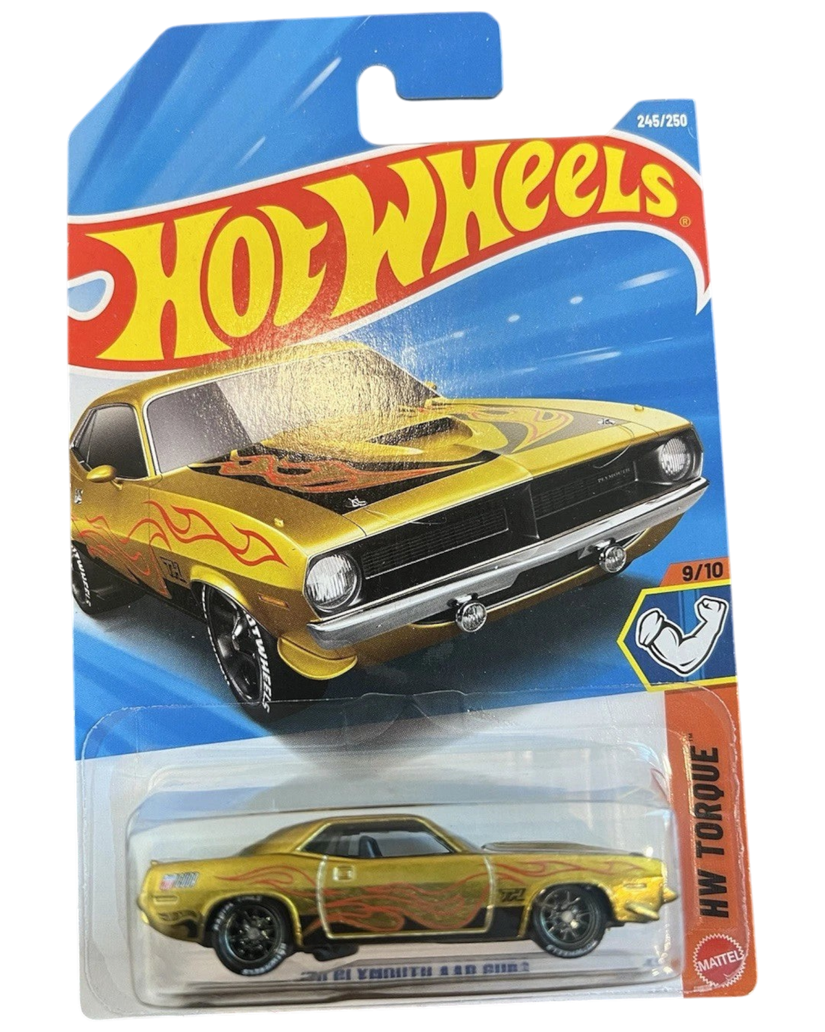 More Than Diecast 2026 Hot Wheels '70 Plymouth AAR Cuda Super Treasure Hunt in gold with flame decals on blister card
