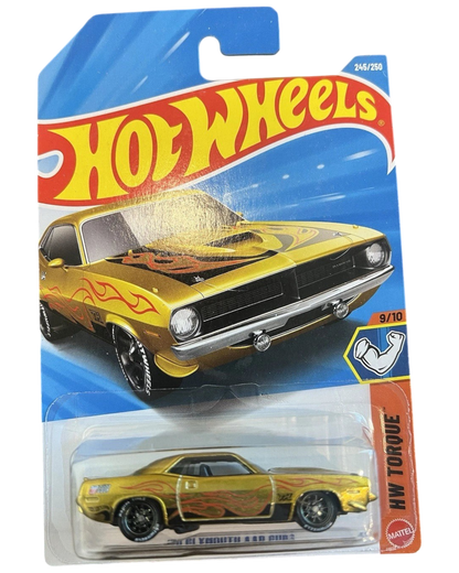 More Than Diecast 2026 Hot Wheels '70 Plymouth AAR Cuda Super Treasure Hunt in gold with flame decals on blister card