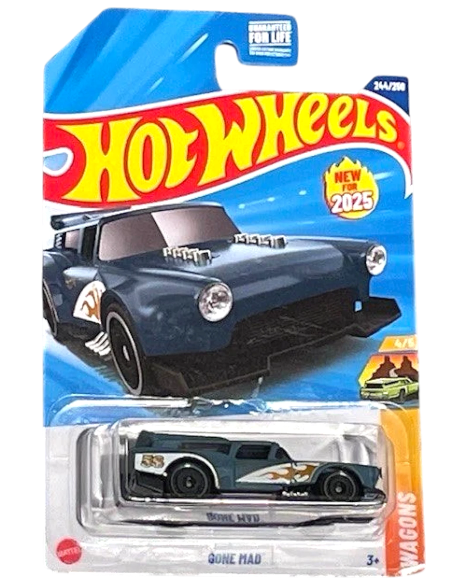 More Than Diecast Hot Wheels Gone Mad 2025 HW Wagons die-cast car in matte gunmetal blue with flame graphics