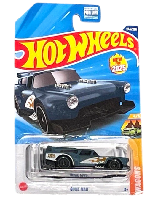 More Than Diecast Hot Wheels Gone Mad 2025 HW Wagons die-cast car in matte gunmetal blue with flame graphics