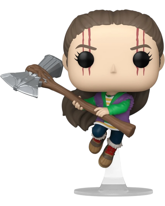 More Than Diecast Thor: Love and Thunder Gorr's Daughter Funko Pop! Vinyl Figure #1188, holding Stormbreaker. Brown hair, red markings on face.