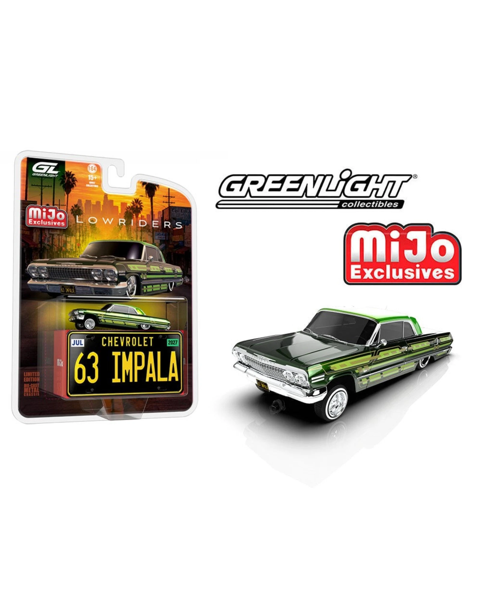 More Than Diecast 1:64 scale dark green 1963 Chevrolet Impala SS Lowriders die-cast car with adjustable chassis.