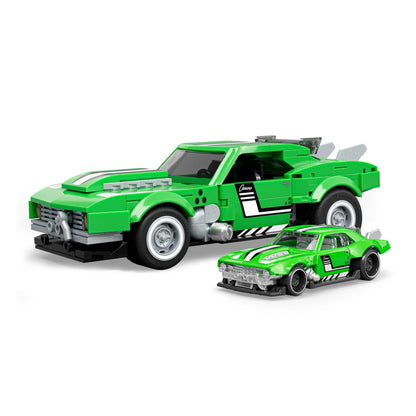 More Than Diecast Mattel Brick Shop green buildable 1:32 Custom 68 Camaro with matching 1:64 die-cast car model
