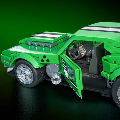 More Than Diecast Mattel Brick Shop green Custom 68 Camaro building set with opening door and detailed interior