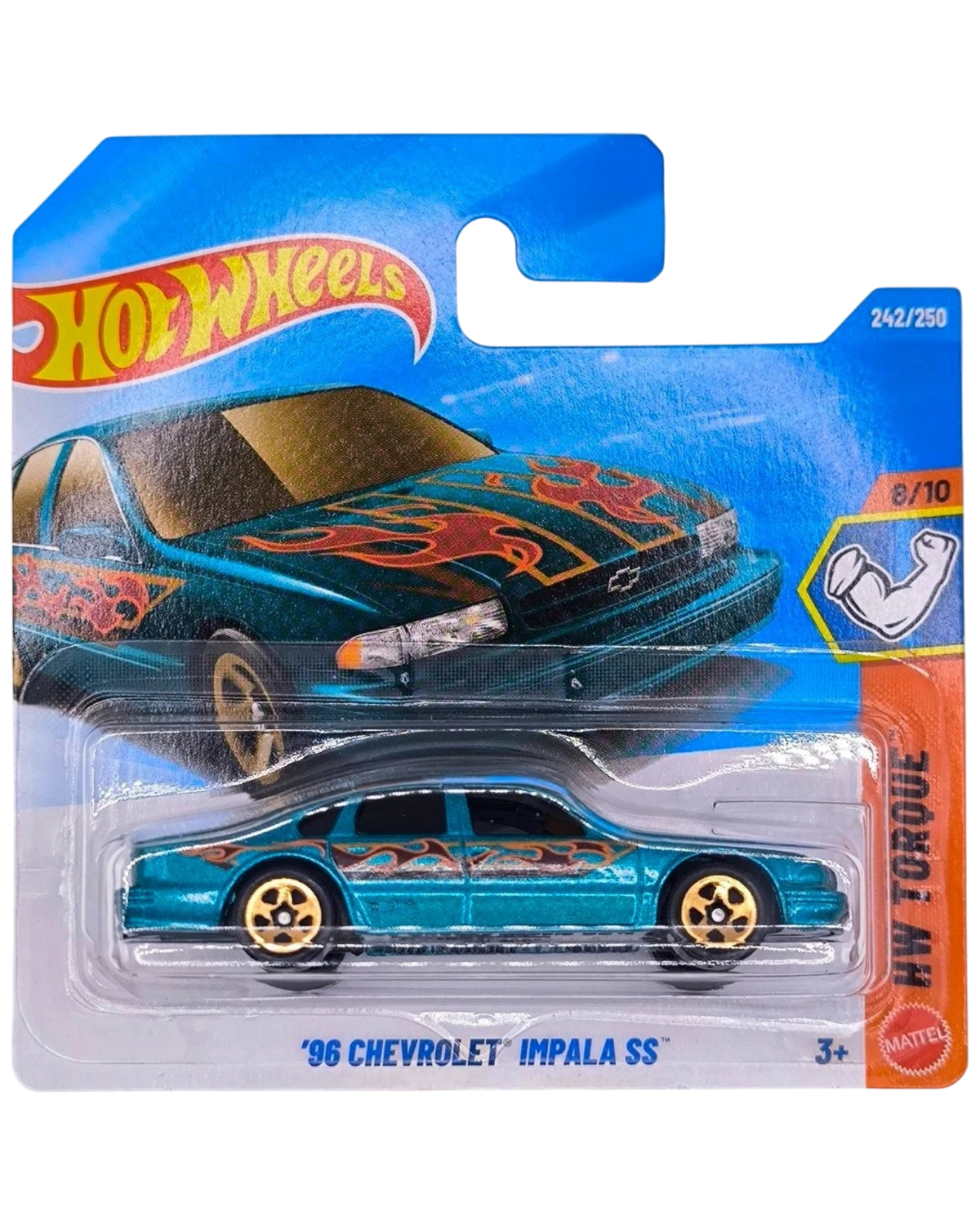 More Than Diecast 1996 Chevrolet Impala SS in green with flame graphics, 1:64 scale die-cast on short card packaging.