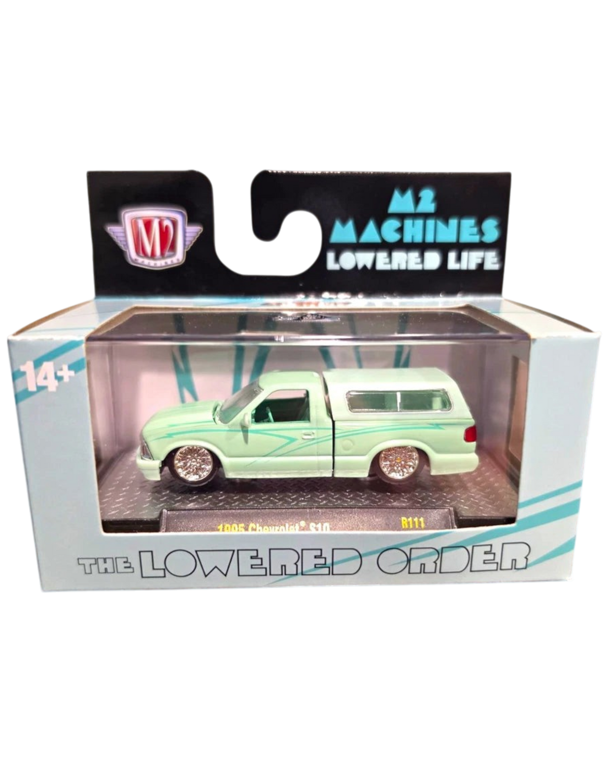 More Than Diecast M2 Machines 1995 Chevrolet S10 green lowrider pickup truck in 1:64 scale with custom wheels