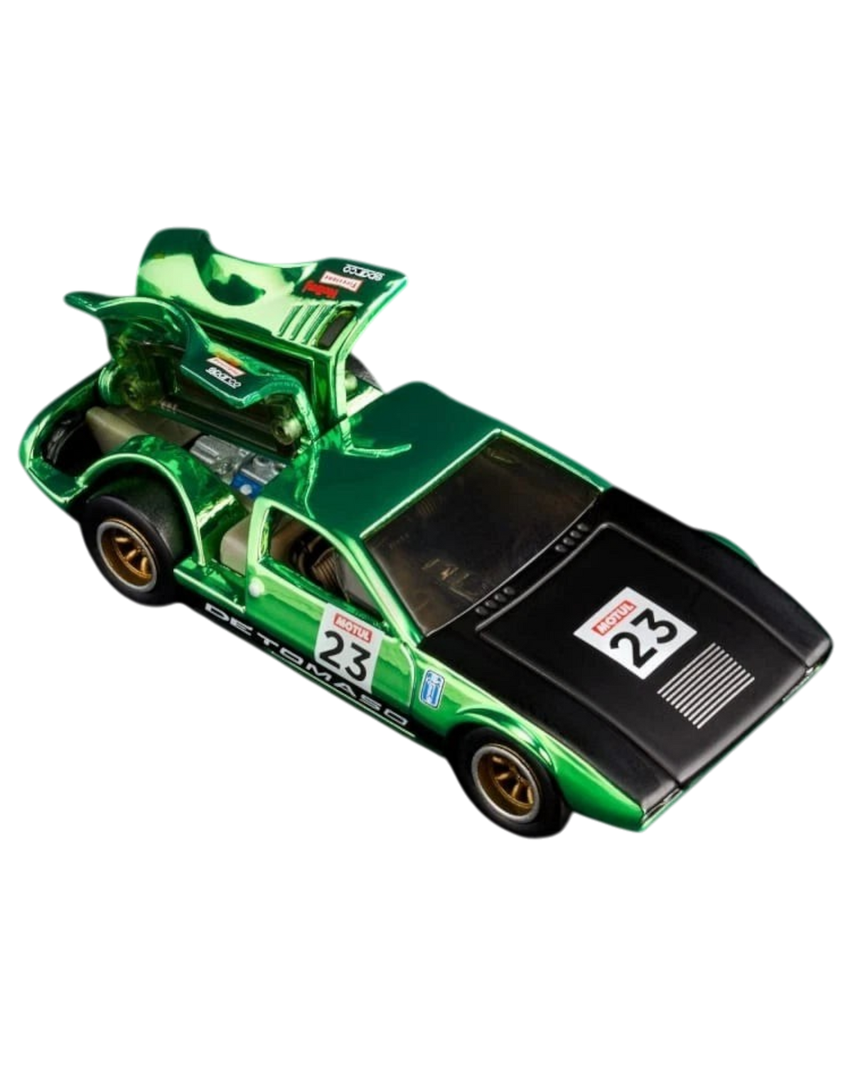 More Than Diecast Hot Wheels 1971 De Tomaso Mangusta in Spectraflame green with opening engine bay and racing decals
