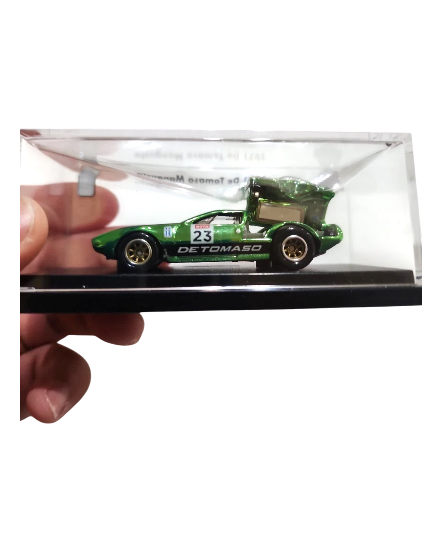 More Than Diecast Hot Wheels RLC 1971 De Tomaso Mangusta in green with open engine bay in a clear display case