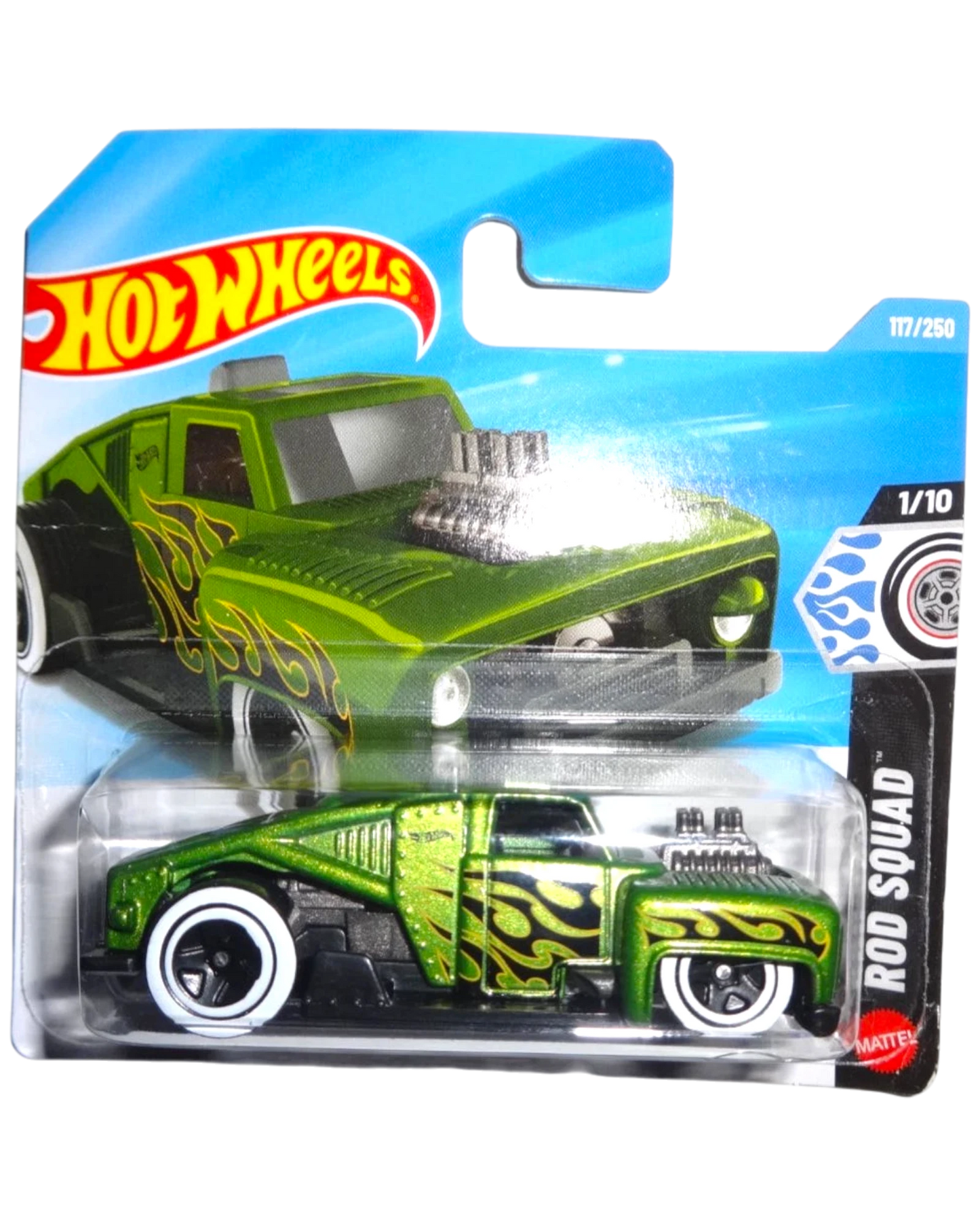 More Than Diecast Hot Wheels Erikenstein Rod in metallic green with yellow flame decals on a short card blister pack