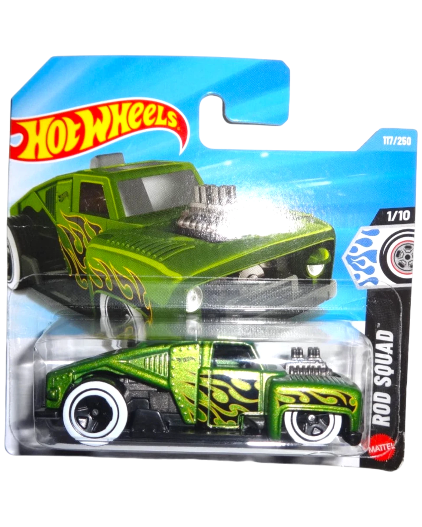 More Than Diecast Hot Wheels Erikenstein Rod in metallic green with yellow flame decals on a short card blister pack