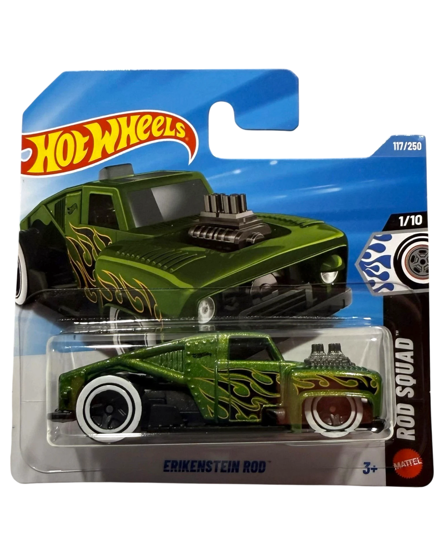 More Than Diecast Hot Wheels 2026 Erikenstein Rod in metallic green with flame decals and white wall tires