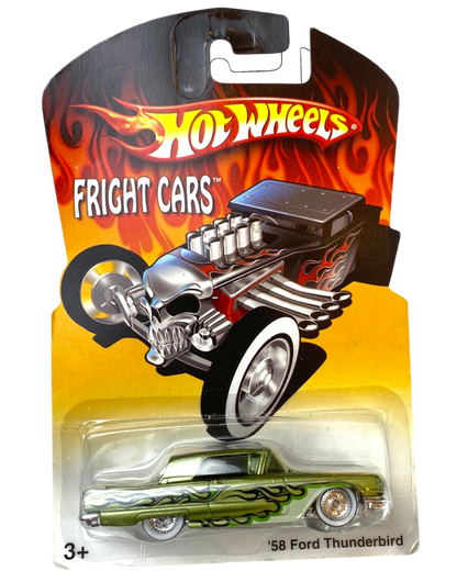 More Than Diecast Hot Wheels 58 Ford Thunderbird in green with flame decals and Real Rider wheels on blister card