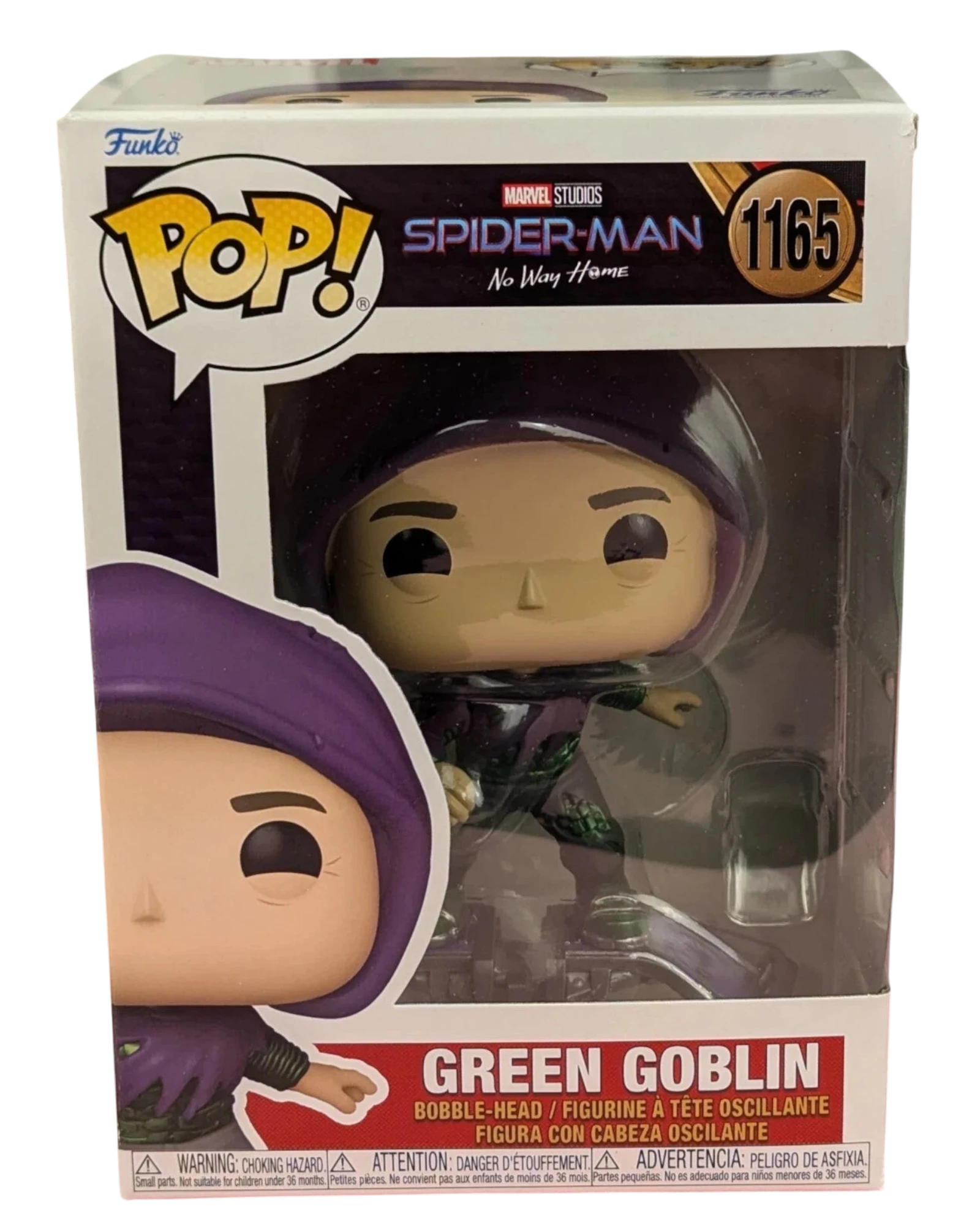 More Than Diecast Funko Pop! Green Goblin #1165 vinyl figure from Spider-Man No Way Home, wearing a purple hood and green suit.
