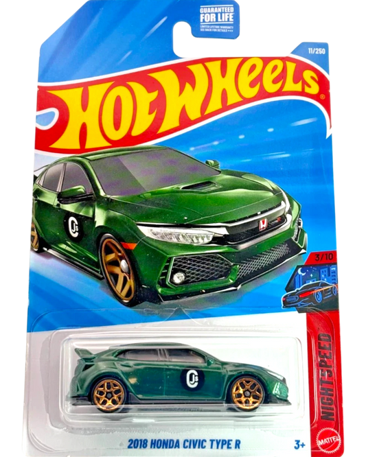More Than Diecast 2026 Hot Wheels 2018 Honda Civic Type R in metallic green with gold wheels on blister card