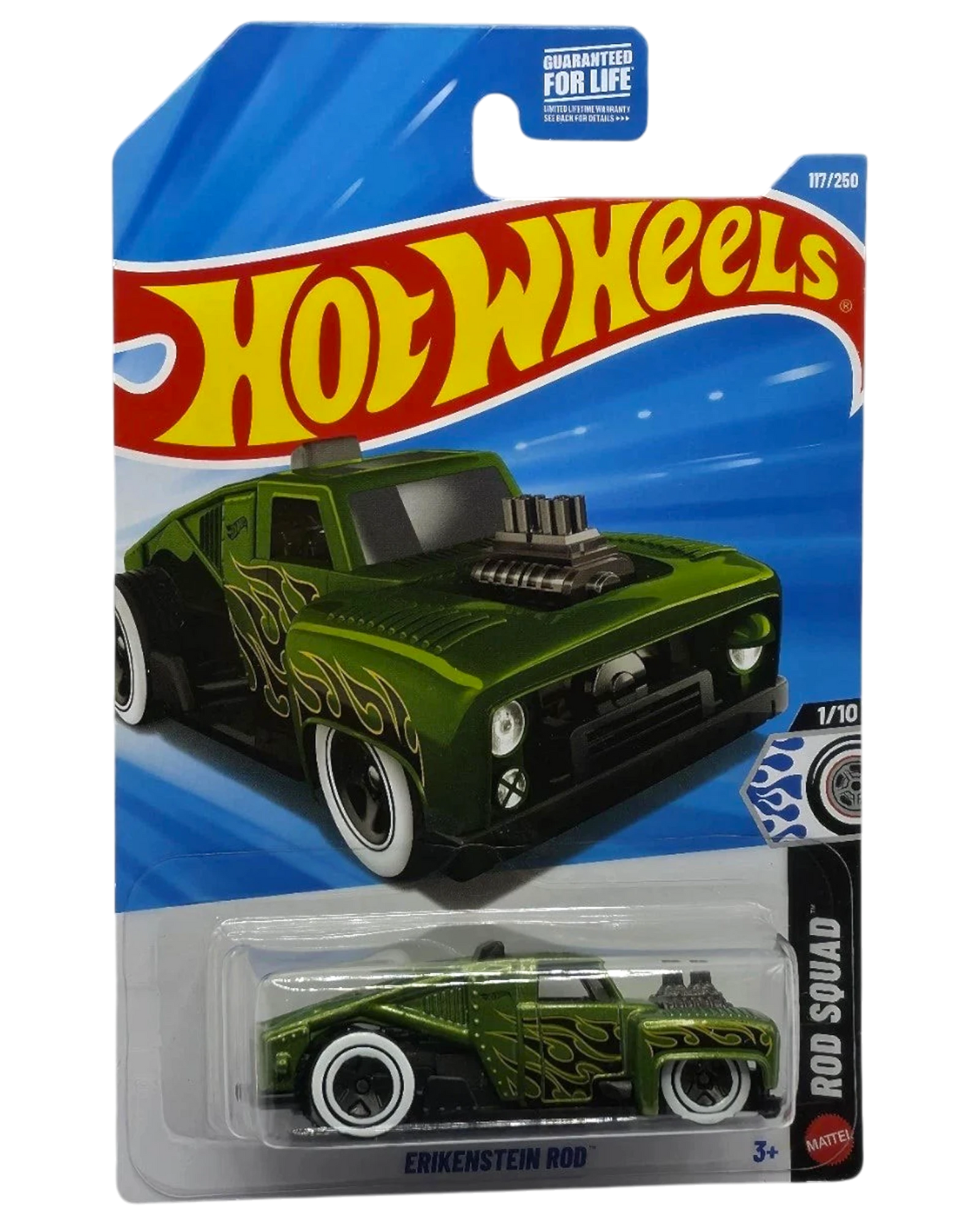 More Than Diecast green Erikenstein Rod Hot Wheels toy car with flame details and white wall tires.