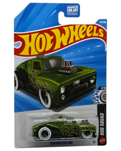 More Than Diecast green Erikenstein Rod Hot Wheels toy car with flame details and white wall tires.