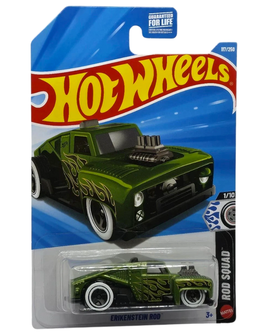 More Than Diecast green Erikenstein Rod Hot Wheels toy car with flame details and white wall tires.