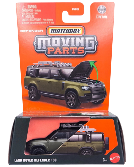 More Than Diecast Matchbox Land Rover Defender 130 in green, 1:64 scale die-cast model with moving hood feature.