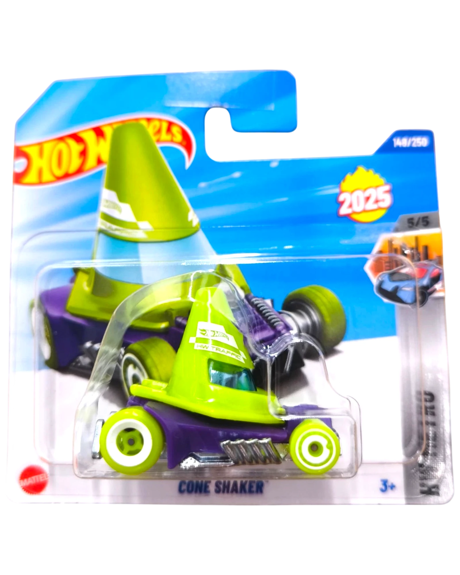 More Than Diecast green and purple Cone Shaker Hot Wheels toy car with cone-shaped roof.