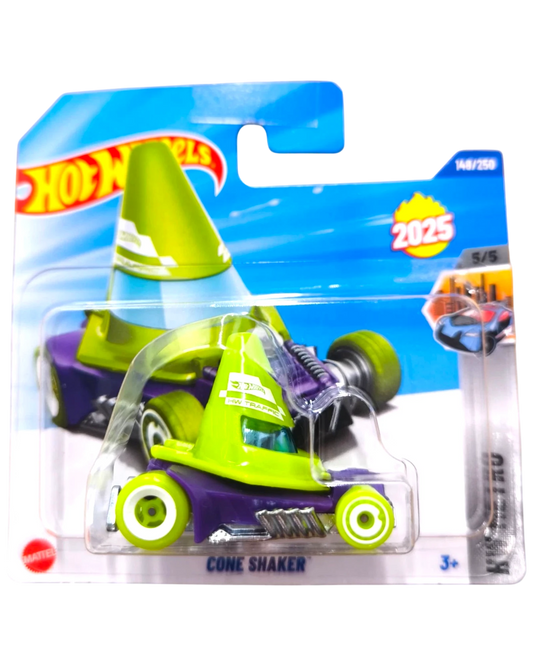 More Than Diecast green and purple Cone Shaker Hot Wheels toy car with cone-shaped roof.