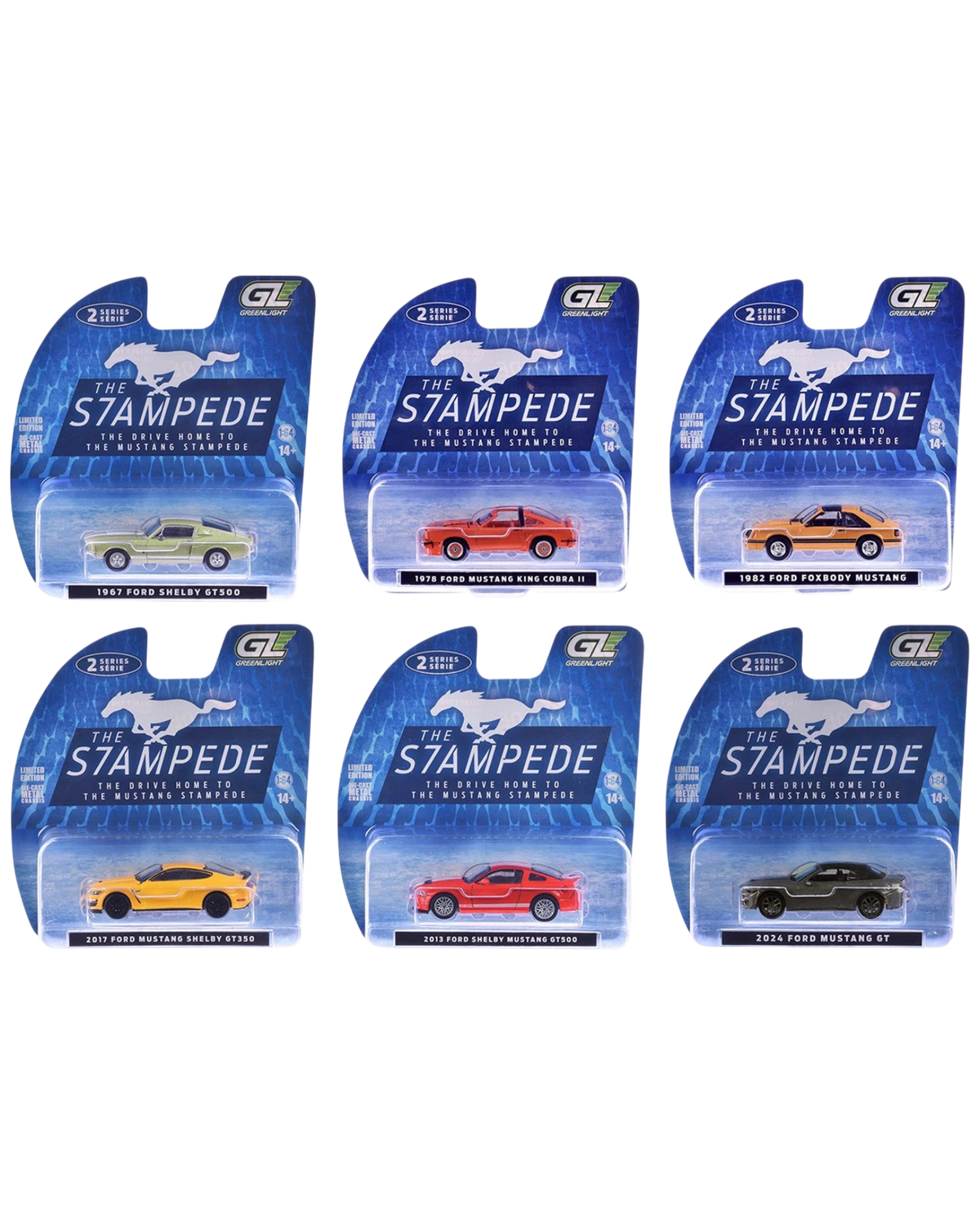 More Than Diecast GreenLight Mustang Stampede Series 2 set of six 1:64 scale die-cast Ford Mustang model cars.