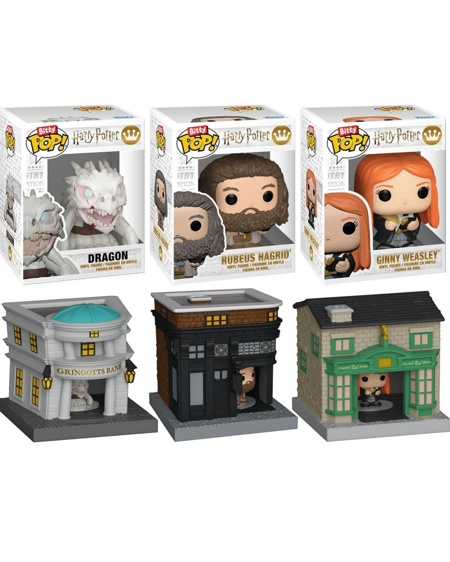More Than Diecast Harry Potter Bitty Pop! Town set featuring Gringotts, Leaky Cauldron, and Flourish & Blotts buildings