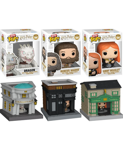 More Than Diecast Funko Bitty Pop! Town Harry Potter 3-pack featuring Gringotts, Leaky Cauldron, and Flourish & Blotts.