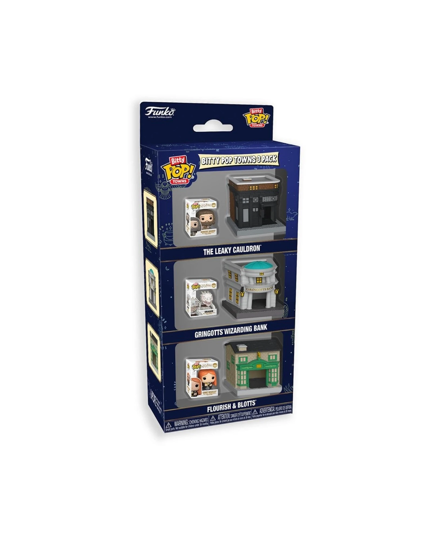 More Than Diecast Funko Bitty Pop! Town Harry Potter 3-pack featuring Leaky Cauldron, Gringotts, and Flourish & Blotts.