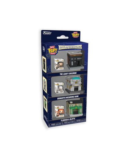 More Than Diecast Funko Bitty Pop! Town Harry Potter 3-pack featuring Leaky Cauldron, Gringotts, and Flourish & Blotts.