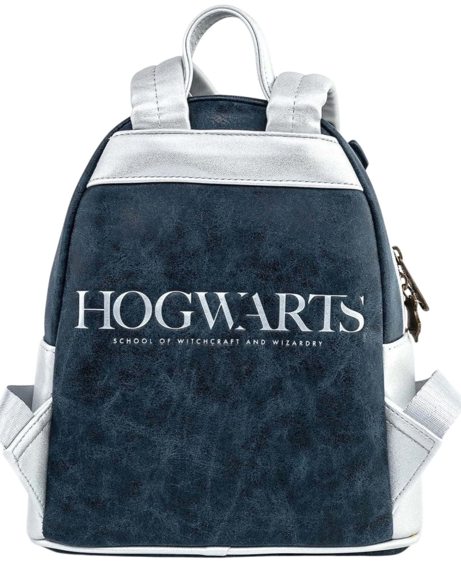 More Than Diecast Harry Potter Hogwarts Castle mini-backpack in navy blue with silver accents and embroidered text.