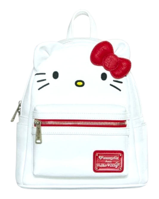 More Than Diecast white faux-leather mini-backpack with Hello Kitty big face and red bow design. Features zip pocket and side pockets.