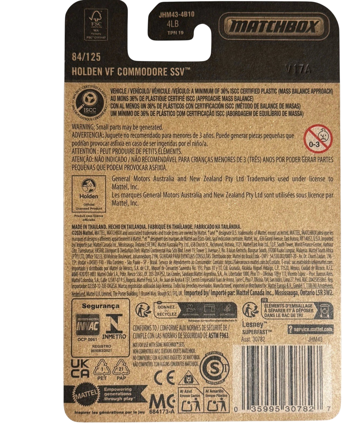 More Than Diecast Matchbox Holden VF Commodore SSV packaging back with safety warnings and product information