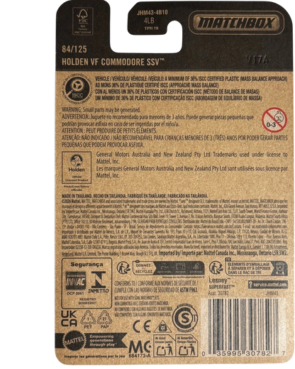 More Than Diecast Matchbox Holden VF Commodore SSV packaging back with safety warnings and product information