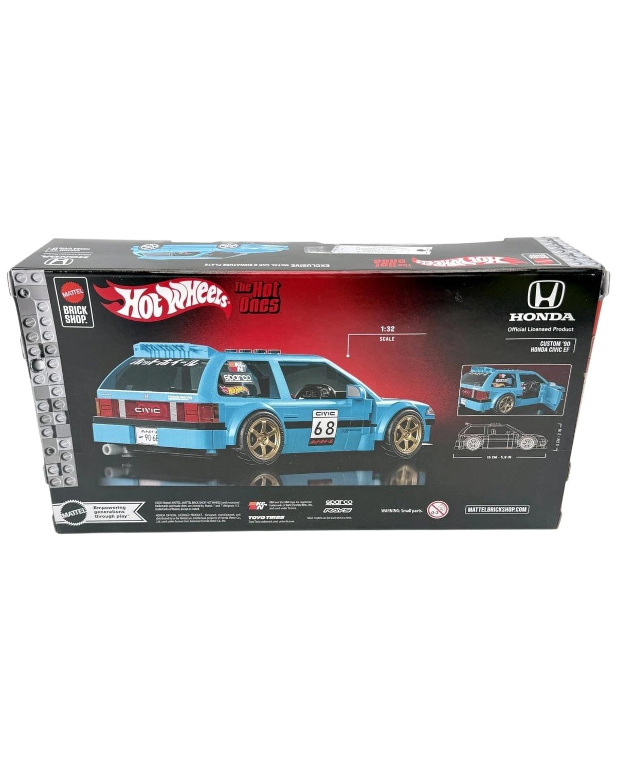 More Than Diecast Mattel Hot Wheels Brick Shop Custom '90 Honda Civic EF building set box showing blue hatchback model