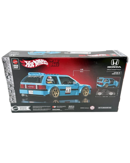 More Than Diecast Mattel Hot Wheels Brick Shop Custom '90 Honda Civic EF building set box showing blue hatchback model