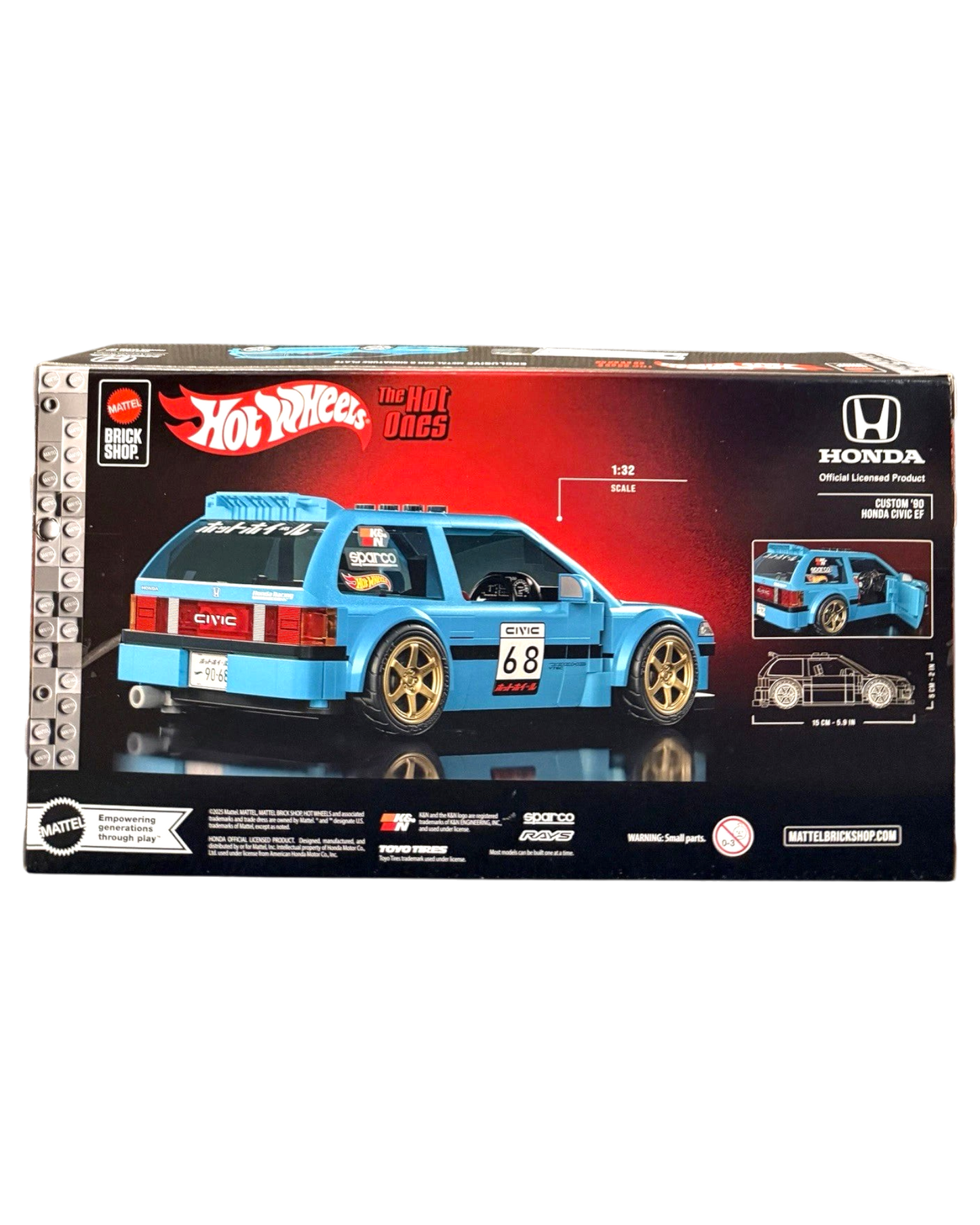 More Than Diecast Hot Wheels Mattel Brick Shop Custom 90 Honda Civic EF model kit box showing blue JDM hatchback